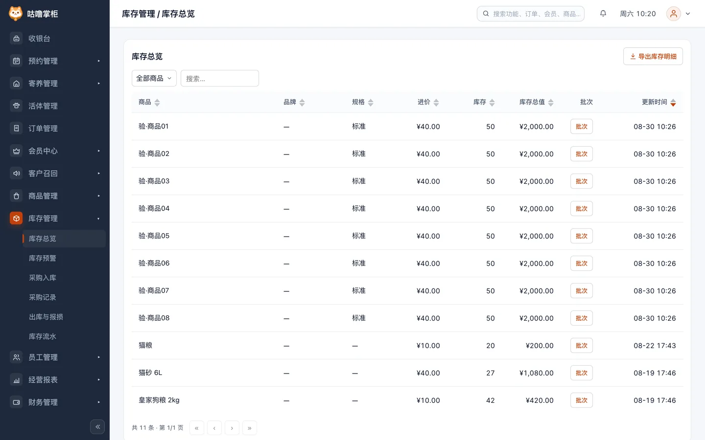 库存总览界面，展示商品库存与预警
